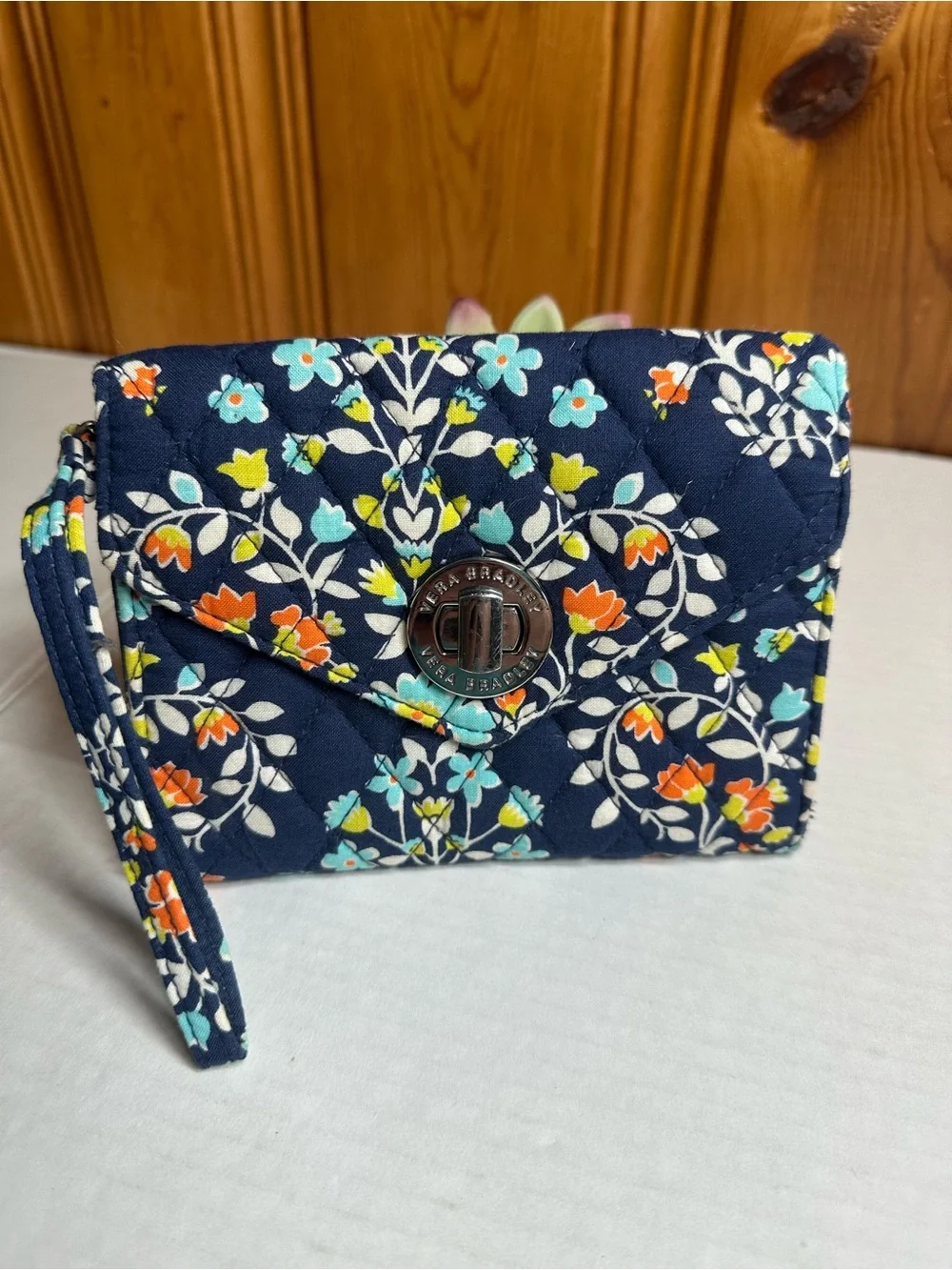 Vera Bradley Navy Quilted Floral Wristlet Wallet with Orange & Aqua Accents